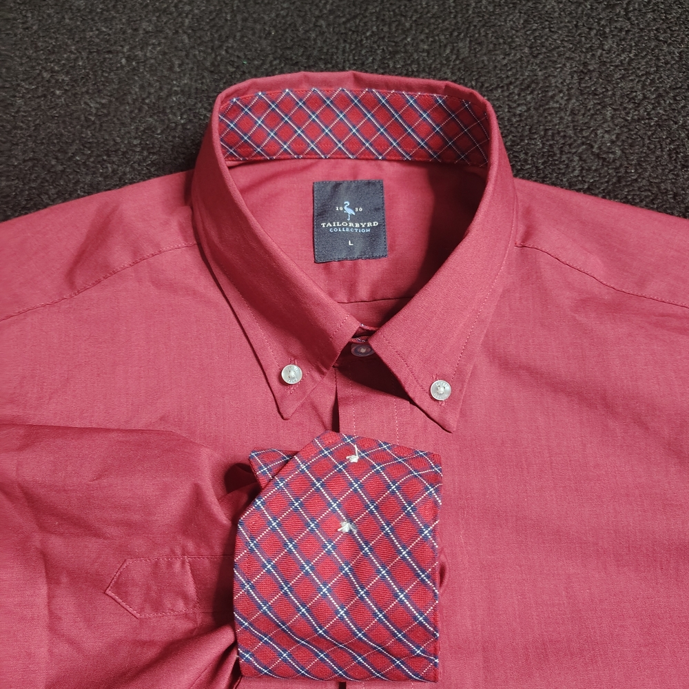 Tailorbyrd Burgundy Check Plaid Flip Cuff Long Sleeve Button Down Men's Large